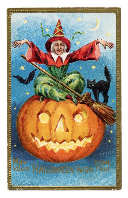 Vintage Halloween greeting card / postcard. Early 1900s. A Witch and a black cat on a Jack-o'-lantern.
