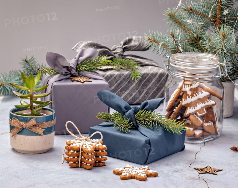Eco Friendly Holiday Concept. Furoshiki Wrapped Cloth Gifts for Zero Waste Christmas.