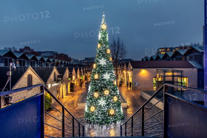 Paris, France - December 9, 2020: Beautiful Christmas tree in Bercy Village (cour Saint-Emilion) in Paris, France