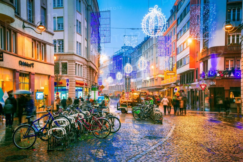 Strasbourg, France - December 2017: Street winter decorations in central Strasbourg at Le Gruber Restaurant during Christmas Market, Alsace.
