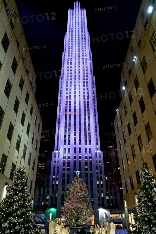 New York. Manhattan. United States. The Rockfeller Center illuminated by night