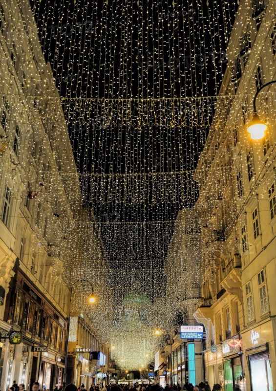Vienna, Austria, Dec. 2019: Kohlmarkt in Vienna before Christmas, illuminated by Christmas Lights