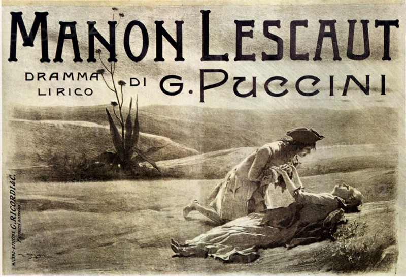 1895 , ITALY : The advertising poster for the Opera play MONON LESCAUT I by italian music composer GIACOMO PUCCINI   ( Edizioni Ricordi ), from a romance by Antoine François Prévost d' Exiles . Artwork by V. Bignami - MUSIC - CLASSICAL - MUSICA CLASSICA - manifesto pubblicitario - Lirica - tragedy - tragedia  - amanti - lovers - abbraccio - embrace - LINA CAVALIERI   ----  Archivio GBB