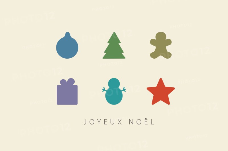 Greeting card with Merry Christmas lettering  in French (Joyeux Noël) and christmas decorations