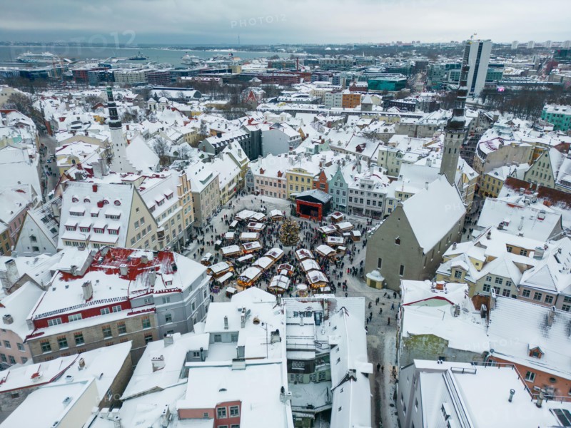 Aerial View of the Christmas Market in Tallinn Old Town, Estonia