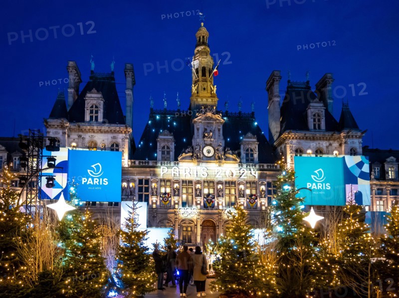 Paris, France, Town Hall at place de Hotel de ville with Christmas decoration, Editorial only.