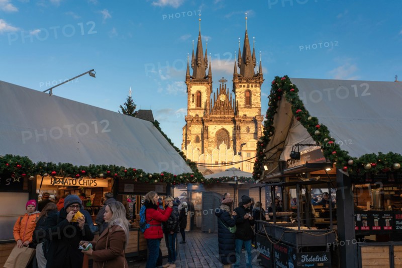 Food vendors in the prague Christmas Market, a popular travel destination the old town area on December 08, 2022 in Prague, Czech Republic