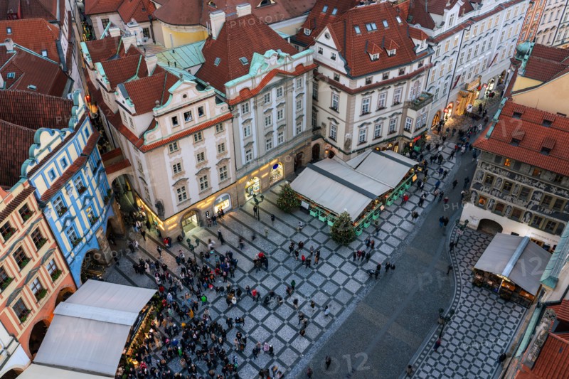 This is an aerial view of the Old Town Square in Prague during the Christmas Market on December 08, 2022 in Prague, Czech Republic