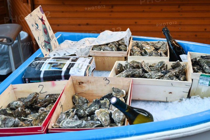 Oysters and champagne for sale at a Christmas market stand in Port Hercule, during the winter holidays, Monte Carlo, Principality of Monaco