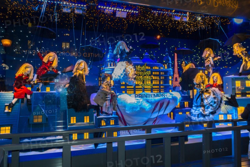 Paris, France, Window Shopping, French Department Stores, Christmas Decorations, Lighting, Shop WIndow, Printemps, (Credit: Jean-Claude Dehix), Burberry Store Front at Night