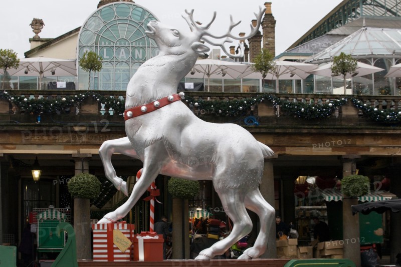 Giant silver Christmas Reindeer outside Covent Garden Market