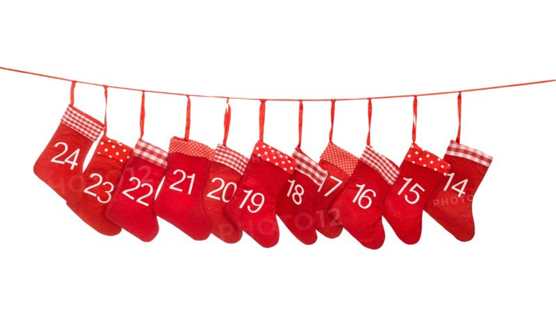 Advent calendar 14-24. Red christmas stocking isolated on white background. Holidays decoration