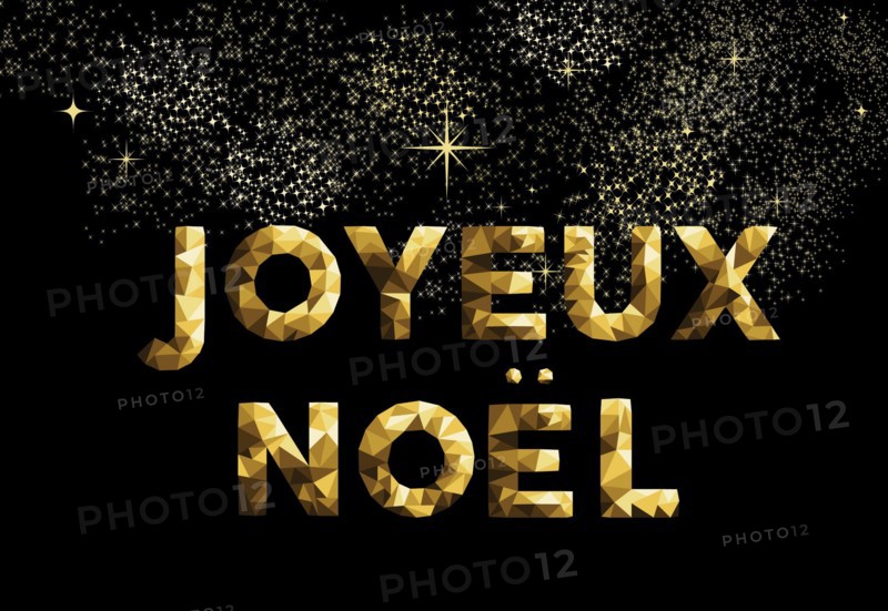 Merry Christmas greeting card in French language: Joyeux Noel gold low poly style. Ideal for holiday poster, web or worldwide