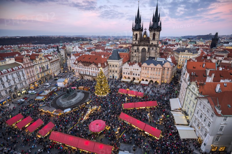 Christmas markets in Prague's Old Town Square. Panoramic view from tower, Prague, Czech Republic
