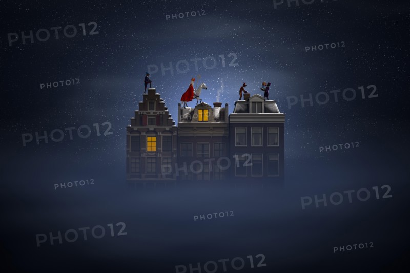 Sinterklaas and the Pieten on the rooftops at night, a scene for the traditional Dutch holiday 'Sinterklaas', 3d render.