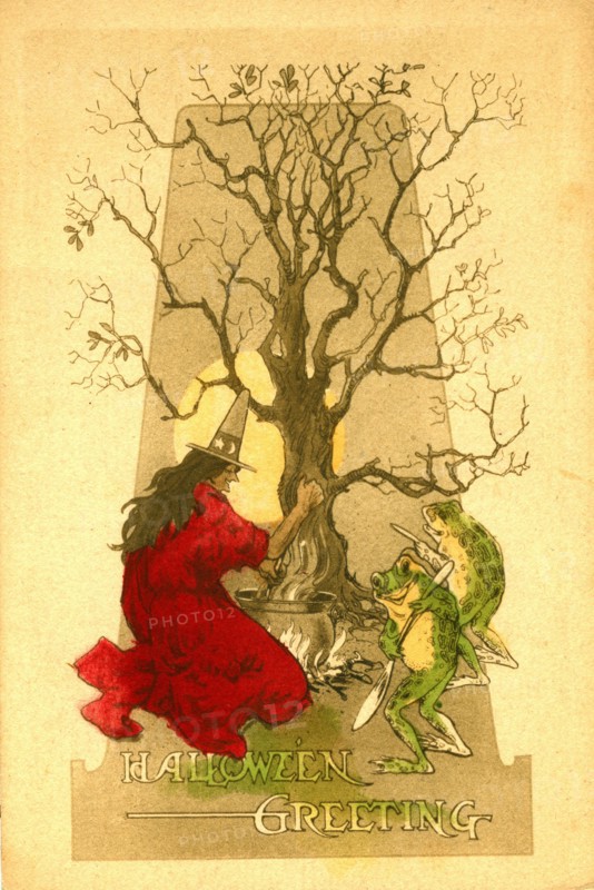 Halloween greeting card, with Witch and 2 Frogs huddled around a big round Cauldron, on a fire.  (1915 - 1930s)  To see my related holiday-related images -- Search, key these 2 words:  Prestor  vintage holiday