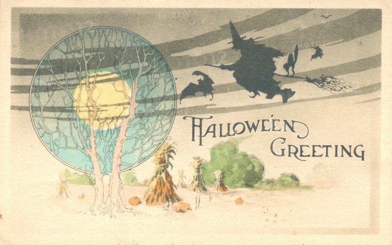 Halloween Greeting card, with Full Moon, Witch on a broom, Flying Bats, arched Black cat, and corn stalks.  1915 - 1930s   To see my related  vintage images -- in Search:  Prestor  vintage  holiday  vehicle