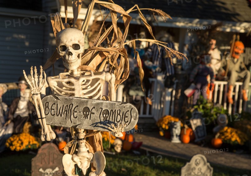 Halloween decorations in front of a house in Ramsey, New Jersey