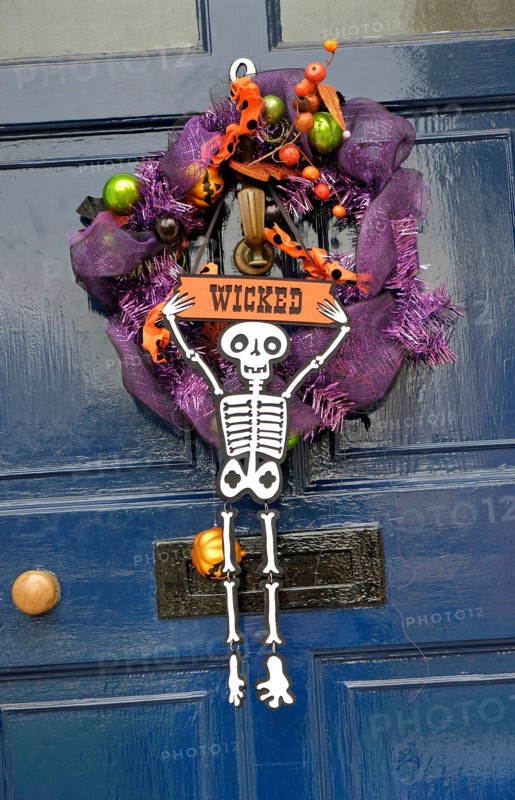 halloween wreath hanging on house front door