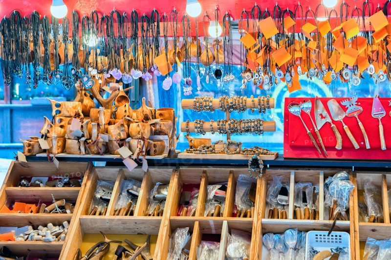 Market stall with traditional souvenirs in winter Rovaniemi, Lapland, Finland.