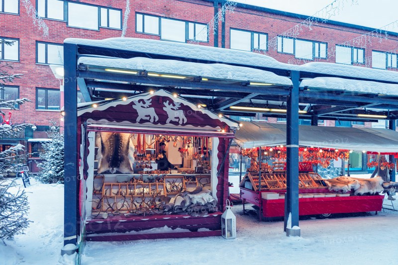 Winter Saami Souvenirs on Street Finnish Christmas Market in Rovaniemi, Finland, Lapland. At the North Arctic Pole.