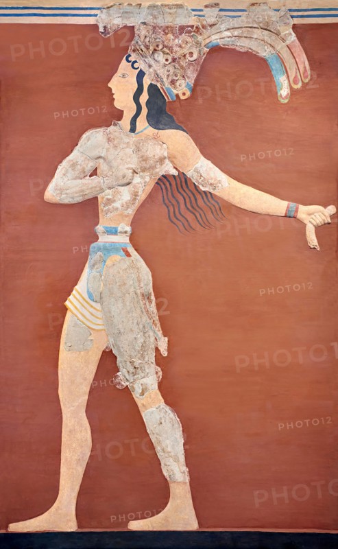 Minoan 'Prince of the Lilies' wall art freco, Knossos Palace, 1600-1450 BCHeraklion Archaeological Museum.  An emblematic image of Minoan Crete this f