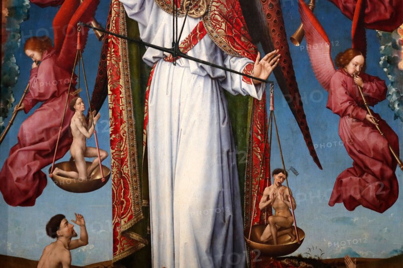Hospices de Beaune museum.  Rogier Van Der Weyden (1399-1468) polyptych altarpiece. Detail.  The last Judgment.  Archangel Saint Michael weighing soul
