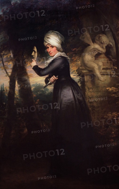 Sarah Siddons (1755-1831). English actress. Mrs Siddons with the Emblems of Tragedy. Painting by SIr William Beechey (1753-1839). Siddons, holding a tragic mask and a dagger, is shown with a monument to Shakespeare. Oil on canvas (245,6 x 153,7 cm), 1793. National Portrait Gallery. London, England, United Kingdom.