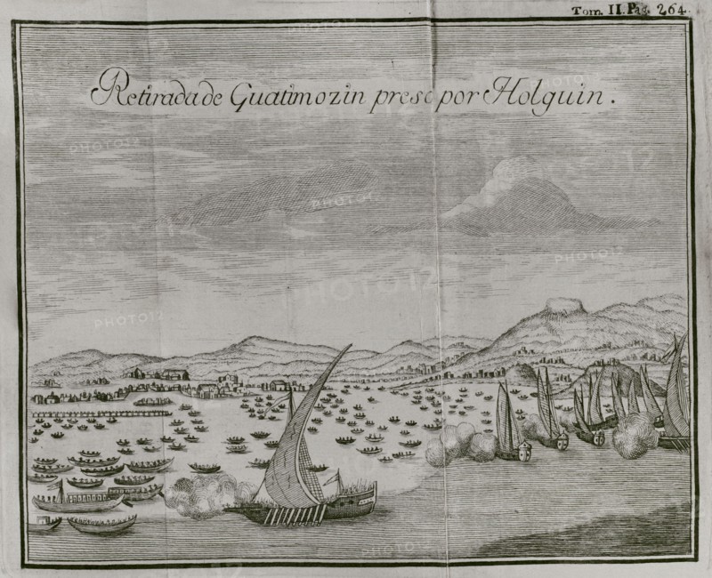 Engraving depicting the capture by the Spaniards of Guatimocín (1496-1525), the last emperor of the Aztecs, as he attempted to flee Tenochtitlán in a canoe on 13 August 1521. He was overtaken by a Spanish brigantine piloted by García Holguín. "Historia de la Conquista de México, población, y progresos de la América septentrional, conocida por el nombre de Nueva España" (History of the Conquest of Mexico, population, and progress of northern America, known by the name of New Spain). Written by Antonio de Solís y Rivadeneryra (1610-1686), Chronicler of the Indies. Volume II. Edition published in