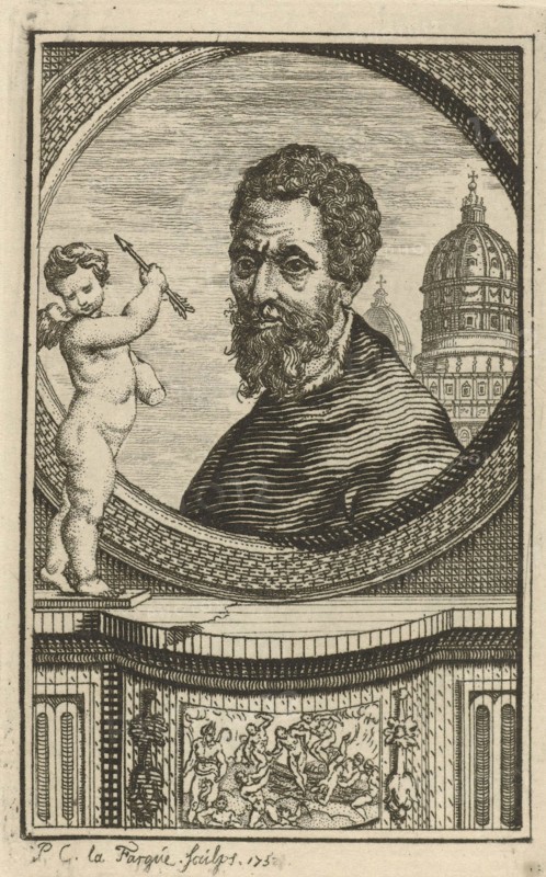 Portrait of the Italian artist Michelangelo, Portrait of Michelangelo Portraits of Italian artists , print maker: Isaac Lodewijk la Fargue van Nieuwland, (mentioned on object), 1752, paper, etching, h 88 mm - w 55 mm