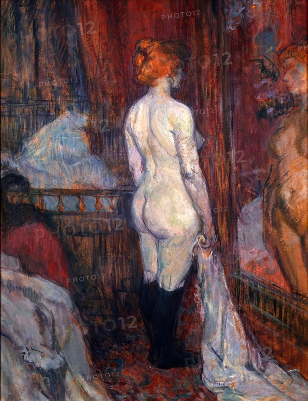 Toulouse-Lautrec painting entitiled "Woman before a Mirror" by Henri de Toulouse-Lautrec (1864-1901), oil on cardboard, 1897