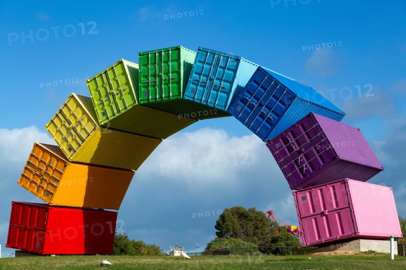 Containbow - a rainbow arch shipping container sculpture installation by Marcus Canning.