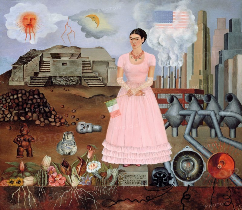 Frida Kahlo. Painting entitled "Self-portrait on the Borderline between Mexico and the United States" by the Mexican artist, Frida Kahlo de Rivera (1907-1954), 1932