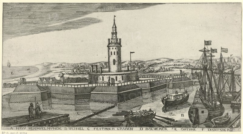 Telic OP Fort Weichselmünde, Aegidius Dickmann, 1625 print  print maker: Danzig (possibly)publisher: Amsterdam (possibly) paper etching city-view, and landscape with man-made constructions. fortress. sailing-ship, sailing-boat Danzig