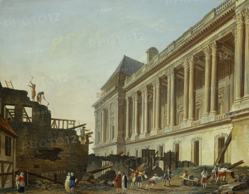 Pierre-Antoine Demachy. "Release of the Louvre colonnade (demolition of the Queen's stables), 1764". Oil on canvas. Paris, Carnavalet museum. 27025-5 Arrondissement, Louvre colonnade, construction, degreement, demolition, queen's ecure, wood on wood, 1st i 1er 1, Louvre, works