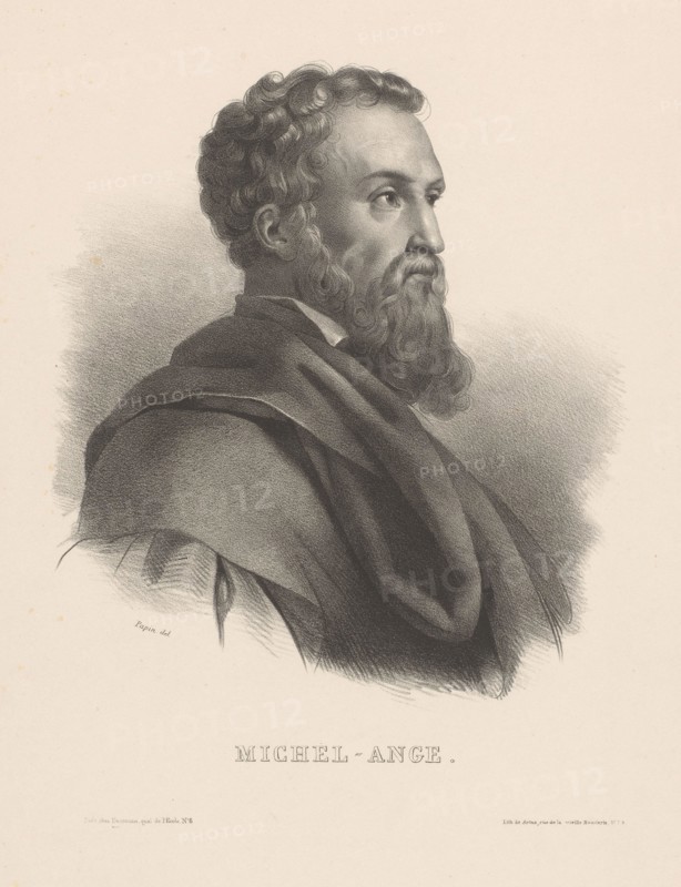 Portrait of Michelangelo, Michel-Ange (title on object), print maker: Jean Adolphe Papin, printer: Alexandre Louis Artus, publisher: Décrouan, Paris, 1837 - 1857, paper, height 541 mm × width 362 mm, print