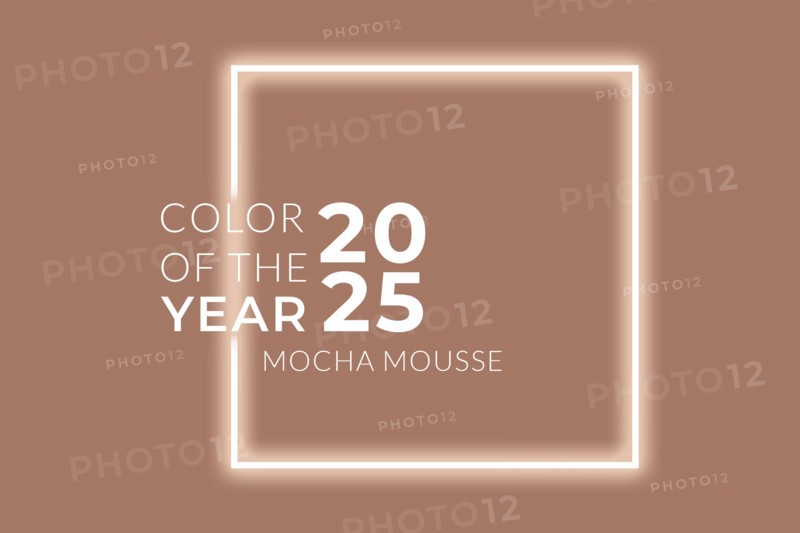 Pantone 2025 Color of the Year Mocha Mousse, a warm nougaty brown tone. The design incorporates a minimalistic frame with soft, rich brown hues