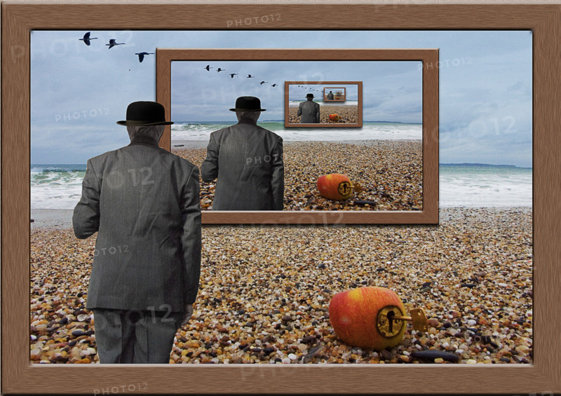 Man in Grey Suit looking into several mirrors.