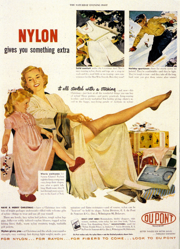 NYLON  1948 Du Pont company advert showing how use of nylon has expanded from stockings to other clothing