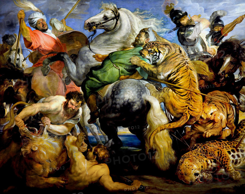 The Tiger Hunt. Peter-Paul Rubens (1577-1640) Flemish Belgian Belgium ( Inspired by the "Battle of Anghiari" by Leonardo da Vinci. A tangle of hunters, horses, tigers, leopards, and lions. Baroque. Delacroix is there. )