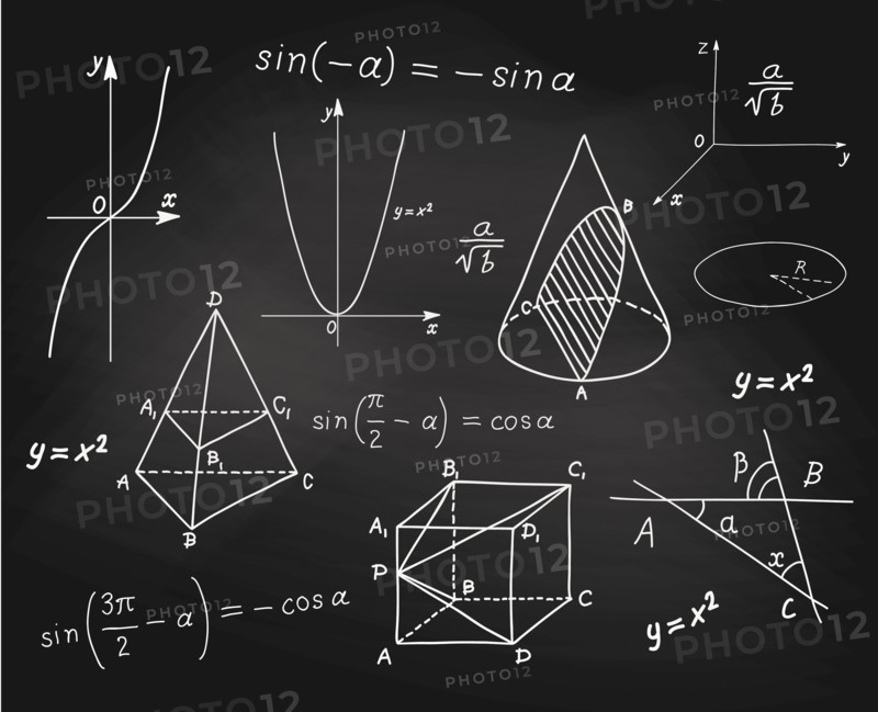 Mathematics - geometric shapes and expressions sketches on school board