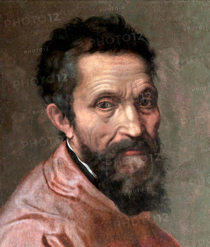 Michelangelo. Portrait of Michelangelo di Lodovico Buonarroti Simoni (1475-1564) by Daniele da Volterra, oil on panel, c.1544. This is a digitally retouched image from a crop of a larger unfinished painting.