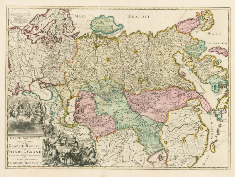 . English: A New Map of the Entire Empire of Great Russia in Its State at the Death of Peter the Great Français : Carte Nouvelle de Tout l'Empire de la Grande Russie dans l'Estat ou Il S'est Trouvé à la Mort de Pierre le Grand, dressée sur des observations toutes nouvelles et dediée à l'immortelle memoire de ce grand monarque, avec privilege, à Amsterdam.  . Unknown date. Unknown 1 Grand Russie