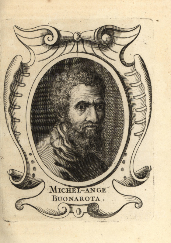 Portrait of Michelangelo, Italian Renaissance artist and sculptor 1475-1564. Michel-Ange Buonarota. Copperplate engraving from Antoine-Joseph Dezallier dâ€™Argenvilleâ€™s Abrege de la vie des plus fameux peintres, Lives of the most Famous Artists, de Bure lâ€™Aine, Paris, 1762.