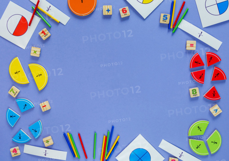 ?olorful math fractions on violet background. Interesting math for kids. Education, back to school concept. Geometry and mathematics materials.