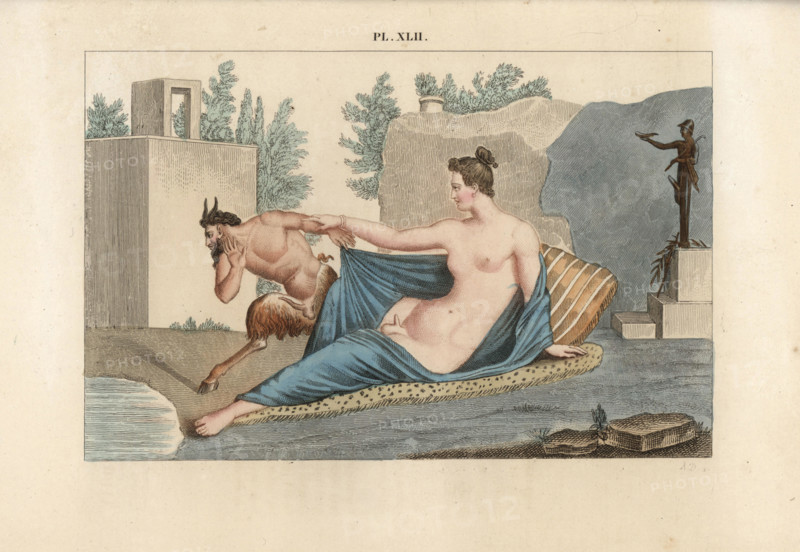 Fresco from Pompeii: a lascivious satyr gets a shock when he peeps at a sleeping beauty and discovers her a hermaphrodite. In the background is a statue of Hermes in petasus (sun hat), with drinking horn and pedum (crook). Handcoloured lithograph by A. Delvaux from Cesar Famin's "Musee royal de Naples (The Royal Museum at Naples)," Abel Ledoux, Paris, 1836. This rare volume is a catalog of the collection of erotic paintings, bronzes and statues excavated in Pompeii and Herculaneum and stored in a Secret Cabinet at Naples.