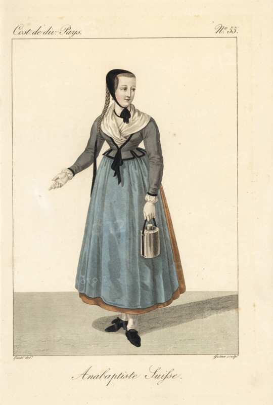 Anabaptist milkmaid of the Canton of Basel, Switzerland, 19th century. She carries a pail of milk and wears a simple cornette cap, braided hair tied with a ribbon.