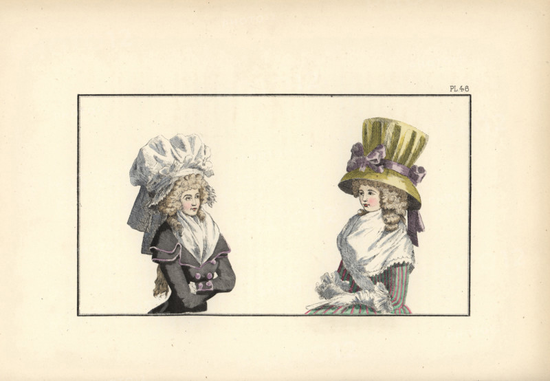 Woman in redingote in black wool with two collars, bonnet a la grande pretesse with artificial roses, and woman in striped taffeta robe, fichu, large yellow gauze chapeau tied with violet ribbon. Handcoloured lithograph from Fashions and Customs of Marie Antoinette and her Times, by Le Comte de Reiset, Paris, 1885. The journal of Madame Eloffe, dressmaker and linen-merchant to the Queen and ladies of the court.