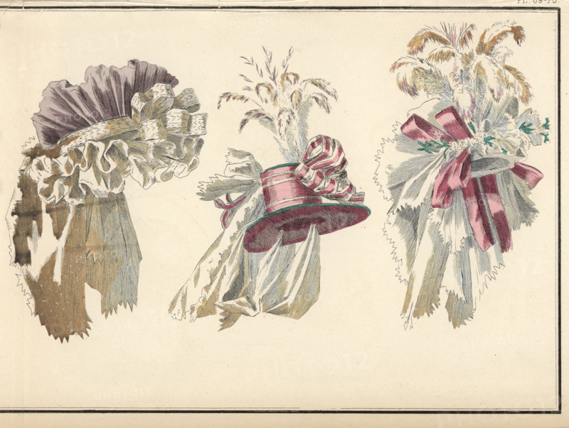 Fashionable hats of 1788. Demi-bonnet in violet gauze with white frills, hat in pink taffeta with ribbons, gauze and feathers, and a pouf in Italian gauze with ribbons and plumes. Handcoloured lithograph from Fashions and Customs of Marie Antoinette and her Times, by Le Comte de Reiset, Paris, 1885. The journal of Madame Eloffe, dressmaker and linen-merchant to the Queen and ladies of the court.