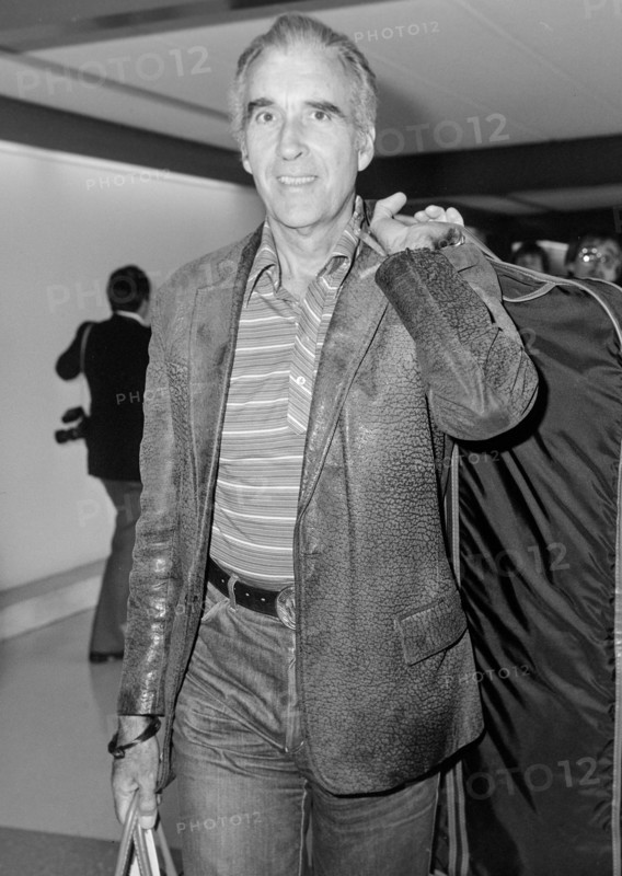 British actor Sir Christopher Lee leaving London's Heathrow Airport for Los Angeles in July 1982.